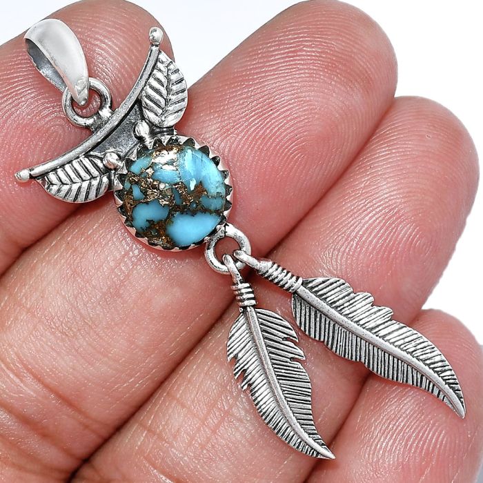 Feather - Kingman Copper Teal Turquoise Pendant SDP152907 P-1284, 10x10 mm