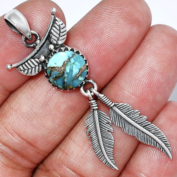 Feather - Kingman Copper Teal Turquoise Pendant SDP152915 P-1284, 10x10 mm