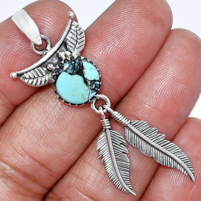 Feather - Lucky Charm Tibetan Turquoise Pendant SDP152917 P-1284, 10x10 mm