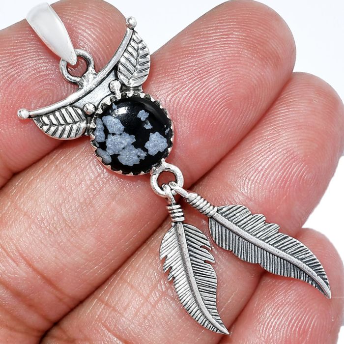 Feather - Snow Flake Obsidian Pendant SDP152945 P-1284, 10x10 mm