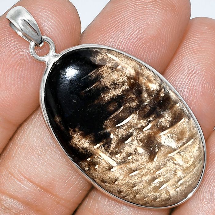 Black Root Plume Agate Pendant SDP153285 P-1001, 22x36 mm