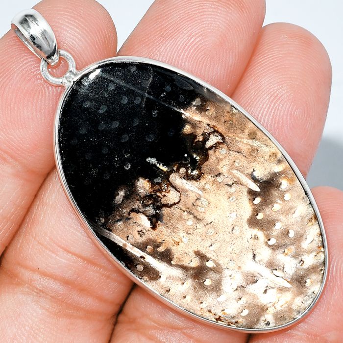 Black Root Plume Agate Pendant SDP153344 P-1001, 26x45 mm