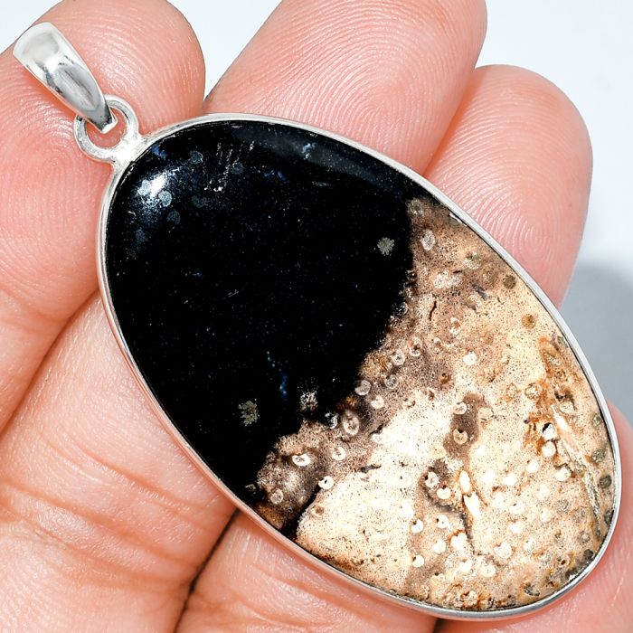 Black Root Plume Agate Pendant SDP153399 P-1001, 26x46 mm