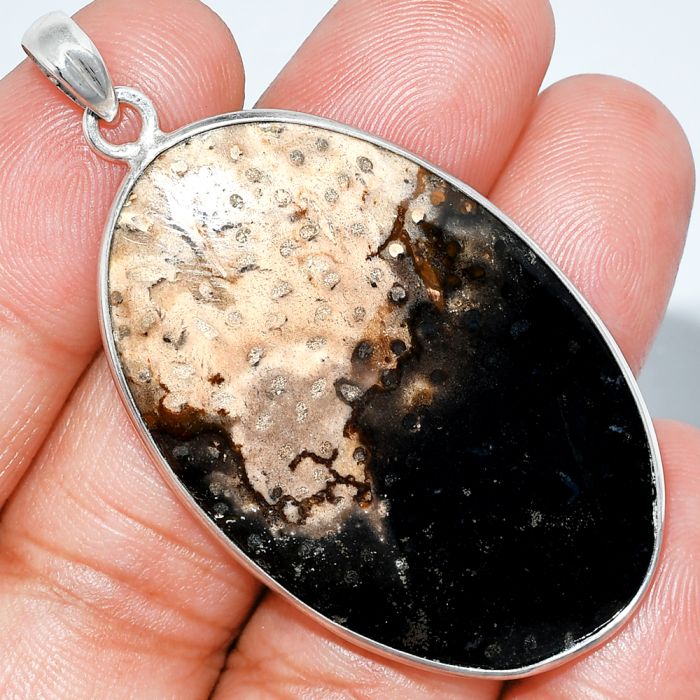 Black Root Plume Agate Pendant SDP153483 P-1001, 28x44 mm