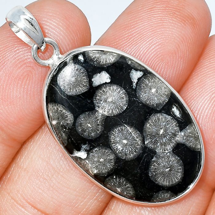 Black Flower Fossil Coral Pendant SDP153581 P-1001, 20x30 mm