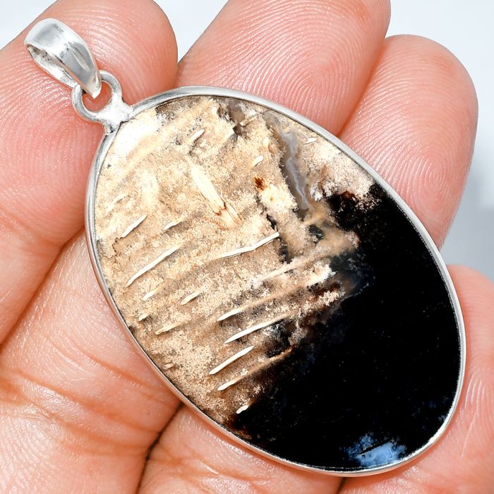 Black Root Plume Agate Pendant SDP153637 P-1001, 27x43 mm