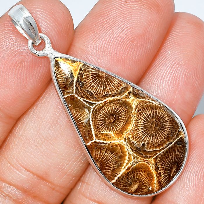 Flower Fossil Coral Pendant SDP153654 P-1001, 18x35 mm