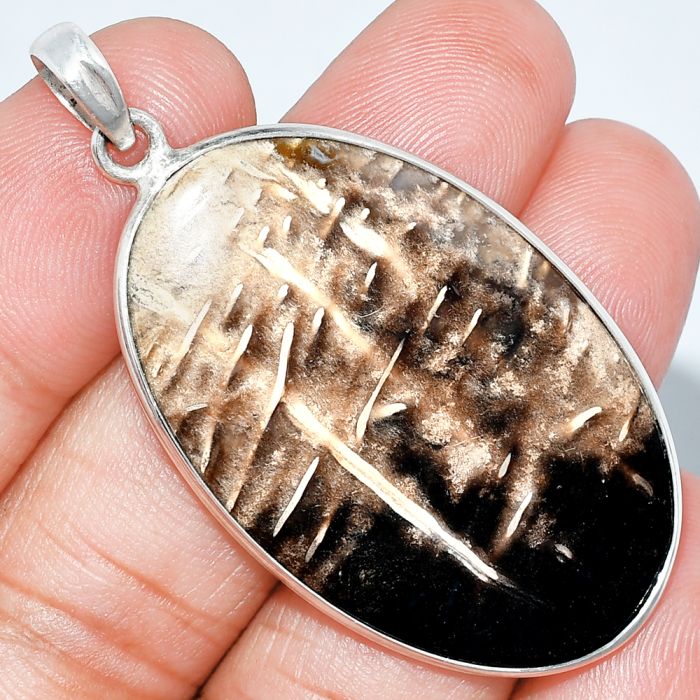 Black Root Plume Agate Pendant SDP153761 P-1001, 26x41 mm