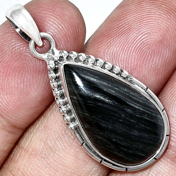 Silver Leaf Obsidian Pendant SDP153828 P-1058, 13x23 mm