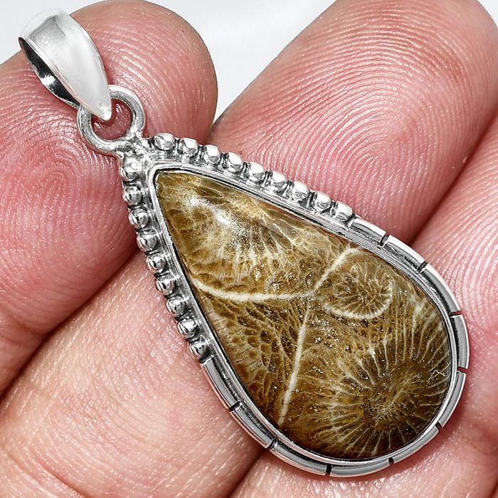 Flower Fossil Coral Pendant SDP153845 P-1058, 14x26 mm