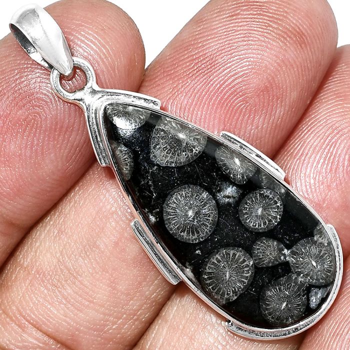 Black Flower Fossil Coral Pendant SDP153896 P-1072, 14x31 mm