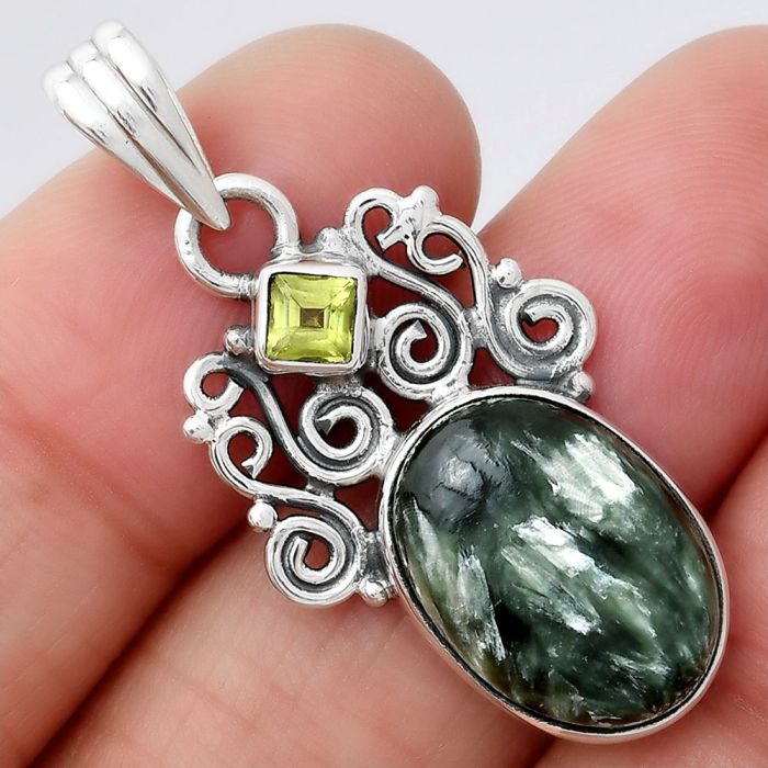 Russian Seraphinite and Peridot Pendant SDP77438 P-1697, 12x16 mm