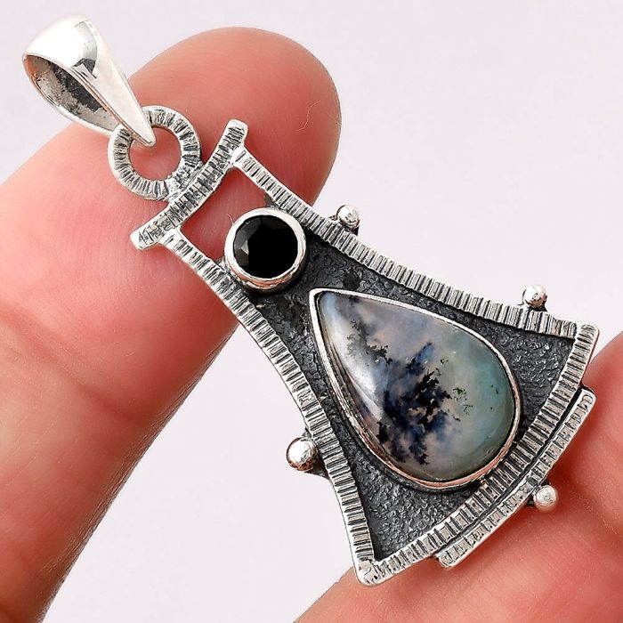 Dendritic Chrysoprase - Africa and Black Onyx 925 Silver Pendant Jewelry SDP80039 P-1450, 9x14 mm