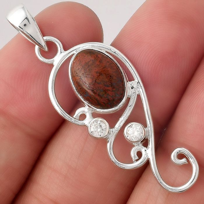 Red Moss Agate and White Zircon Pendant SDP81558 P-1039, 8x12 mm