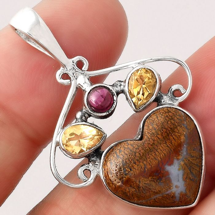 Valentine Gift Heart Red Moss Agate, Citrine & Garnet Pendant SDP81749 P-1244, 14x16 mm