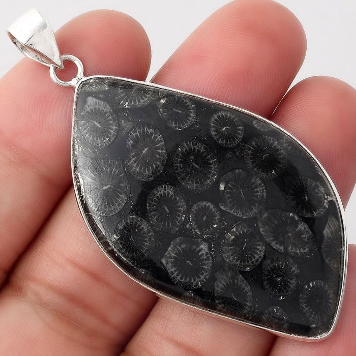 Natural Black Flower Fossil Coral Pendant SDP81999 P-1001, 27x47 mm