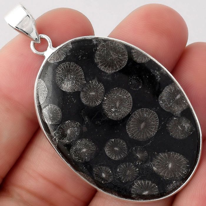 Natural Black Flower Fossil Coral Pendant SDP82527 P-1001, 28x38 mm
