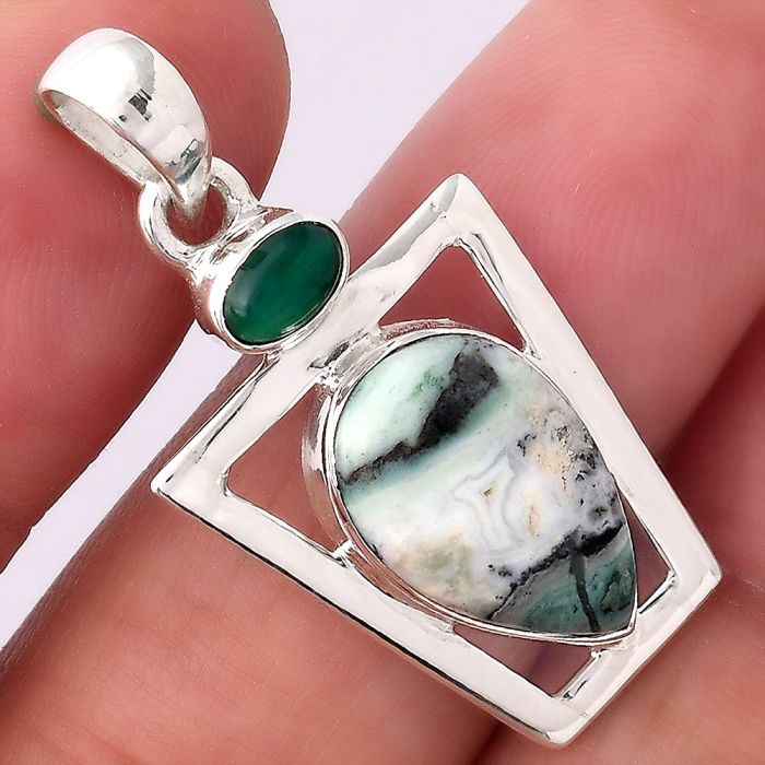 Dendritic Chrysoprase - Africa and Green Onyx 925 Silver Pendant Jewelry SDP83244 P-1502, 10x16 mm