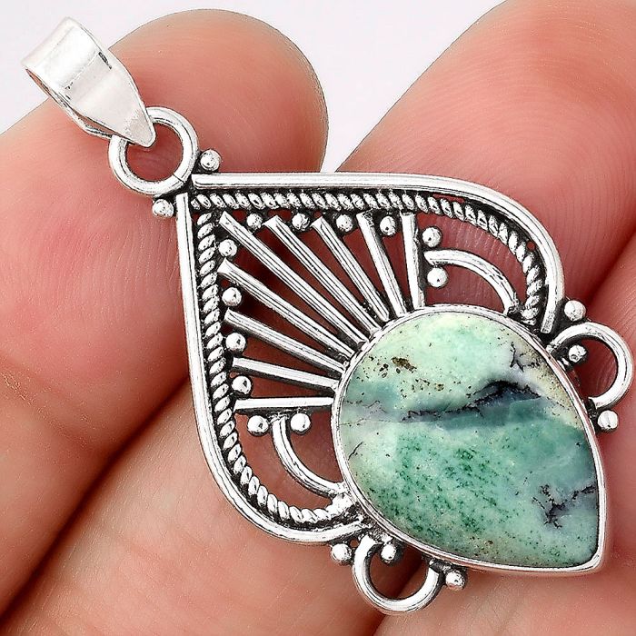 Artisan - Dendritic Chrysoprase - Africa 925 Silver Pendant Jewelry SDP84007 P-1541, 12x17 mm