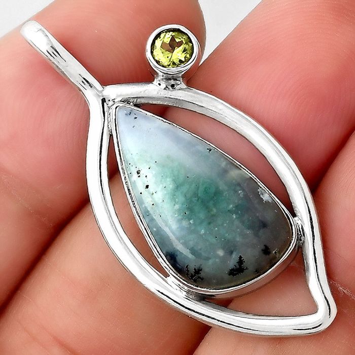 Dendritic Chrysoprase Africa and Peridot 925 Silver Pendant Jewelry SDP87417 P-1640, 11x20 mm