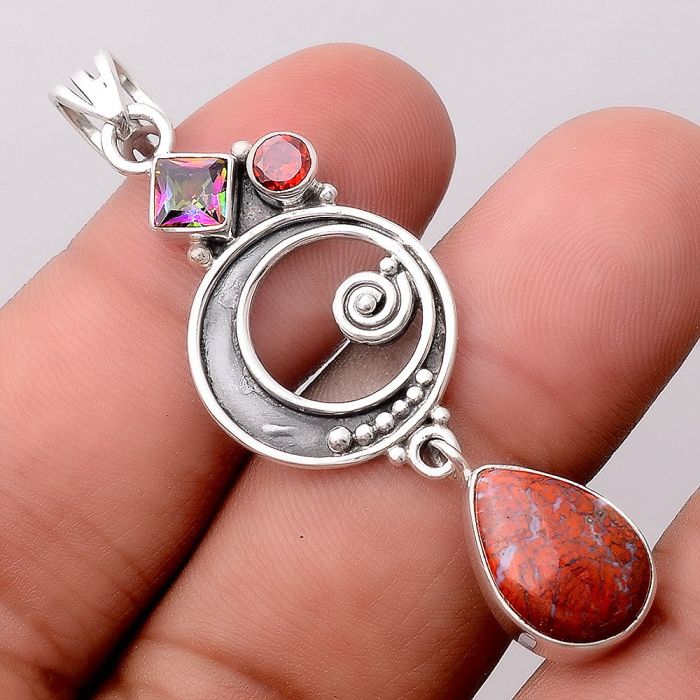 Red Moss Agate, Mystic Topaz & Garnet Pendant SDP87524 P-1344, 10x14 mm