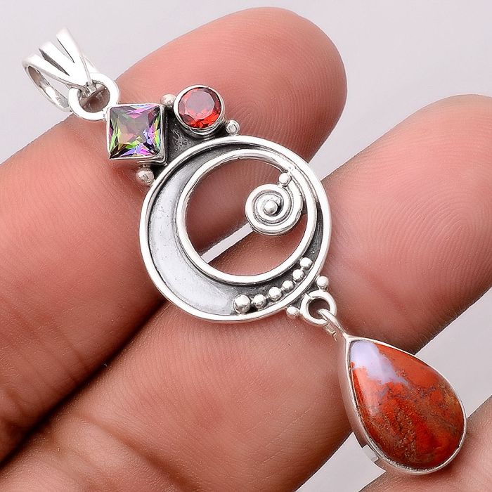 Red Moss Agate, Mystic Topaz & Garnet Pendant SDP87540 P-1344, 9x14 mm