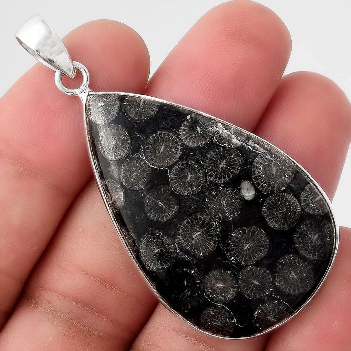 Natural Black Flower Fossil Coral Pendant SDP89837 P-1001, 26x42 mm