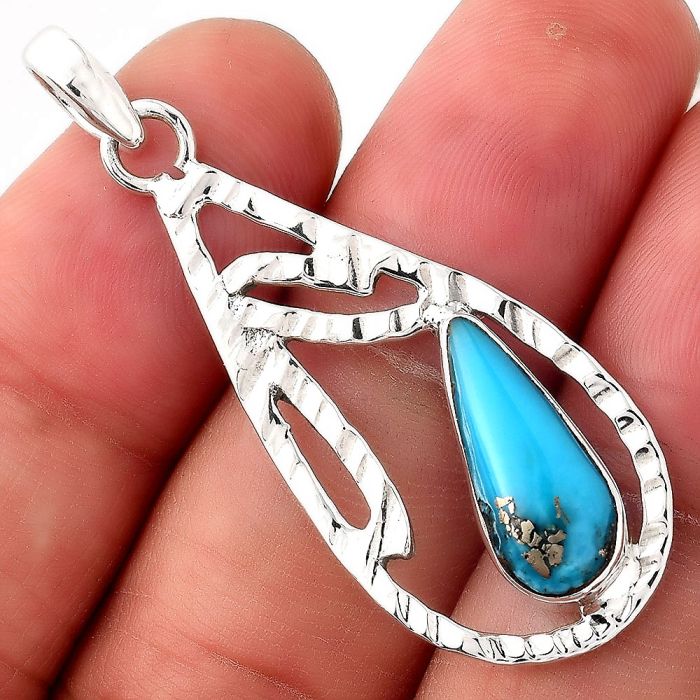 Kingman Turquoise With Pyrite 925 Sterling Silver Pendant P-1657, 7x17 mm