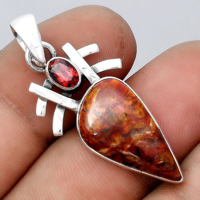 Natural Pietersite - Namibia and Garnet Pendant SDP91689 P-1046, 11x21 mm