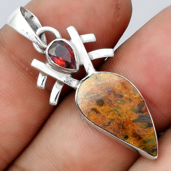 Natural Pietersite - Namibia and Garnet Pendant SDP91694 P-1046, 10x19 mm