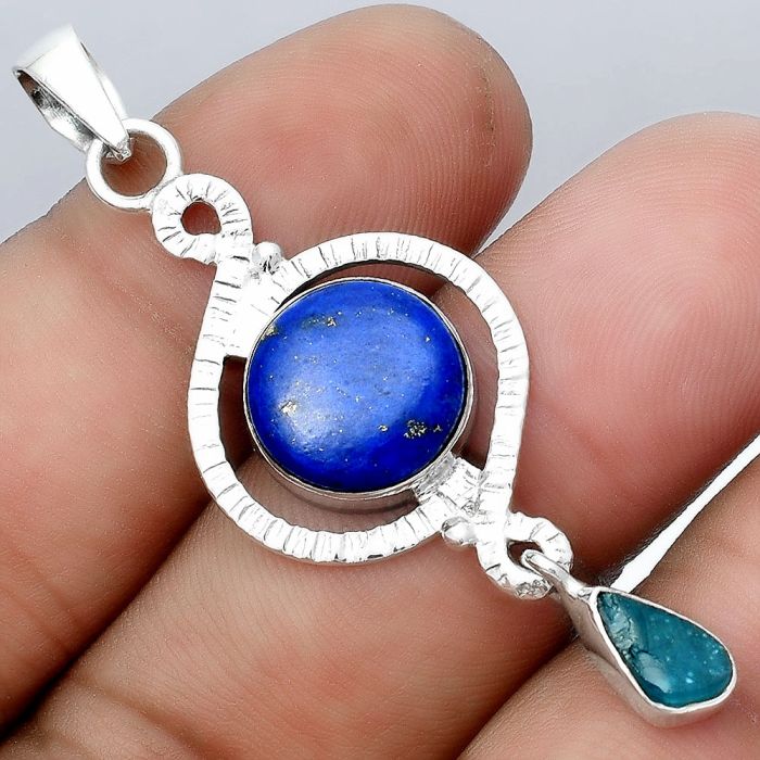 Natural Lapis and Neon Blue Apatite Pendant SDP91825 P-1115, 12x12 mm