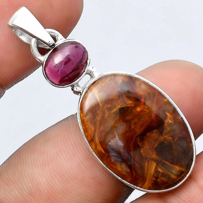 Natural Pietersite - Namibia & Garnet Pendant SDP92226 P-1098, 17x24 mm