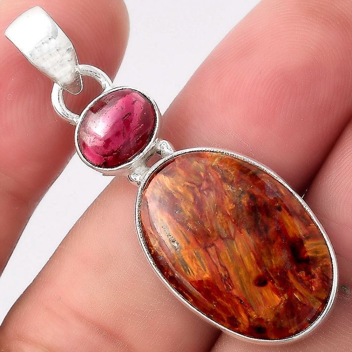 Natural Pietersite - Namibia & Garnet Pendant SDP92303 P-1098, 15x22 mm