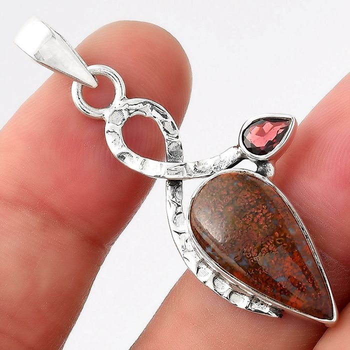 Natural Red Moss Agate & Garnet Pendant SDP93168 P-1111, 10x20 mm