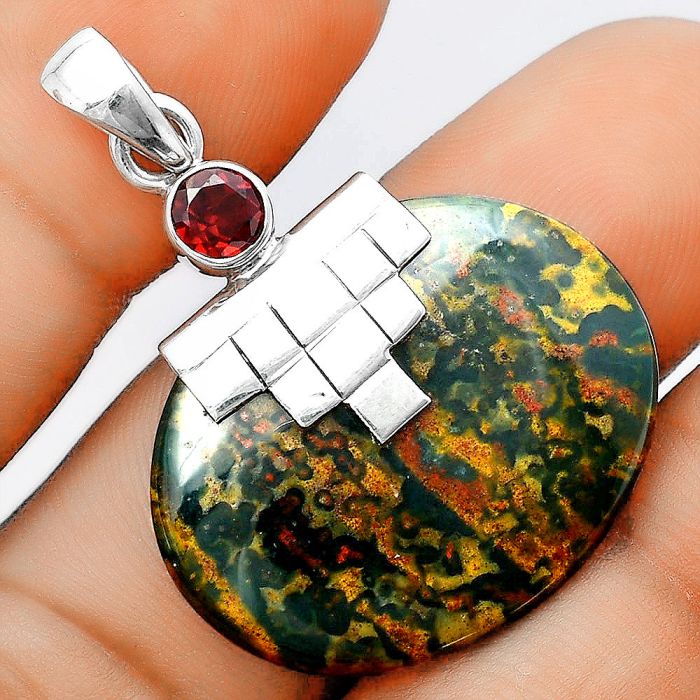 Natural Blood Stone - India and Garnet Pendant SDP97423 P-1653, 23x28 mm