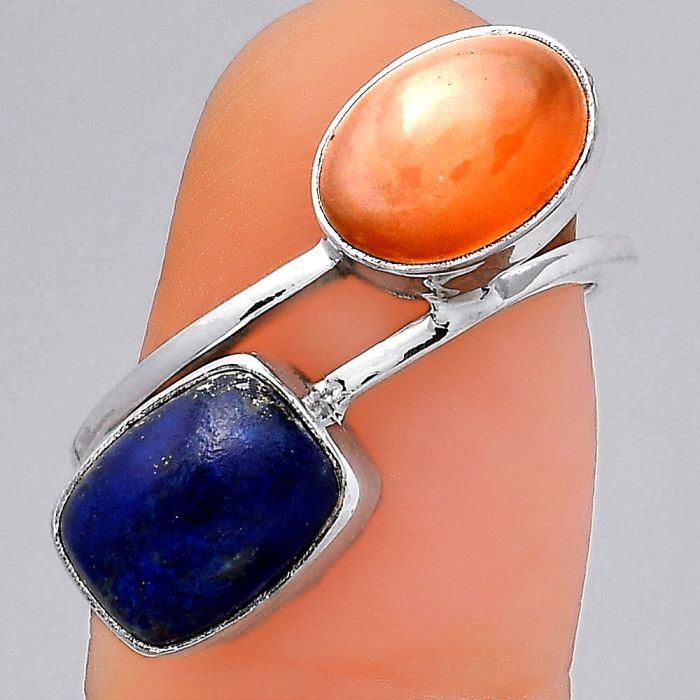 Natural Lapis and Peach Moonstone Ring size-7.5 SDR135919 R-1235, 7x10 mm