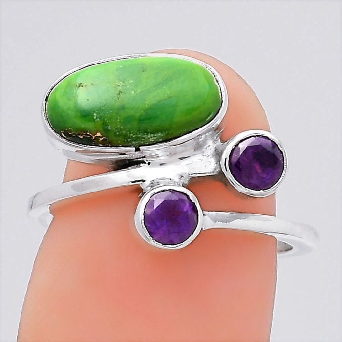 Copper Green Turquoise and Amethyst Ring size-6.5 SDR136200 R-1237, 6x12 mm