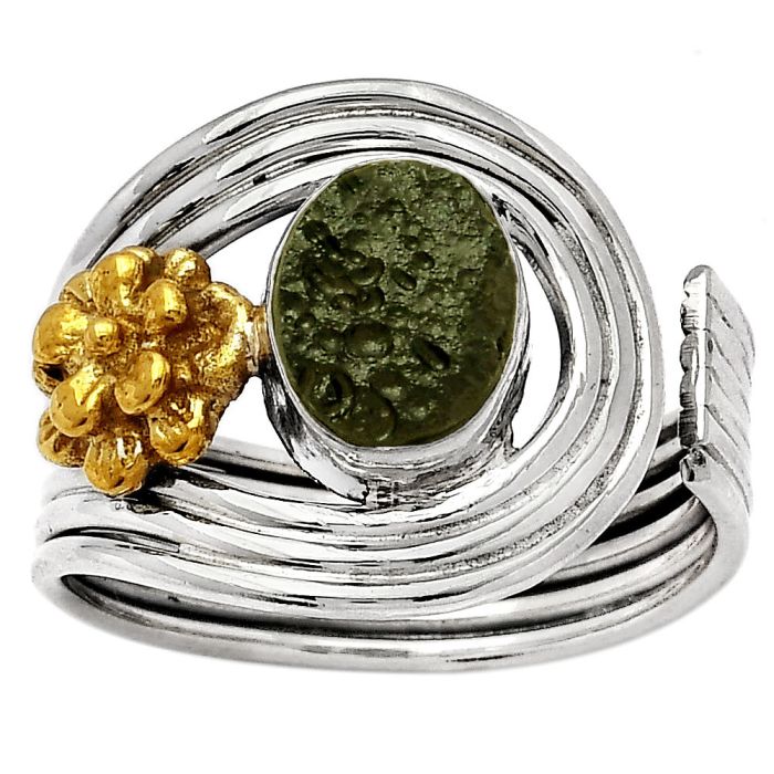 Two Tone Adjustable Flower - Tektite Rough Ring size-6.5 SDR150933 R-1491, 7x10 mm