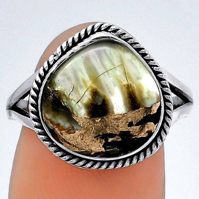 Natural Copper Abalone Shell Ring size-8.5 SDR153104 R-1010, 13x13 mm