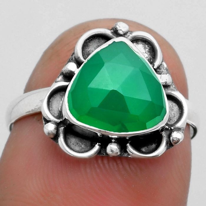 Faceted Natural Green Onyx Ring size-7.5 SDR157467 R-1092, 9x9 mm