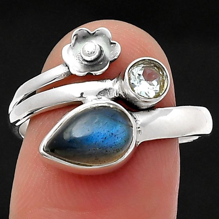 Blue Labradorite & Sky Blue Topaz Ring size-9 SDR158097 R-1251, 6x9 mm