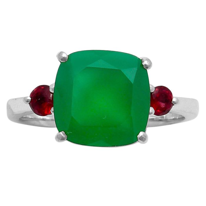 Natural Green Onyx & Garnet Ring size-7.5 SDR158320 R-1016, 10x10 mm