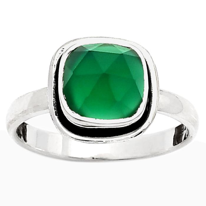 Faceted Natural Green Onyx Ring size-7.5 SDR161765 R-1156, 8x8 mm