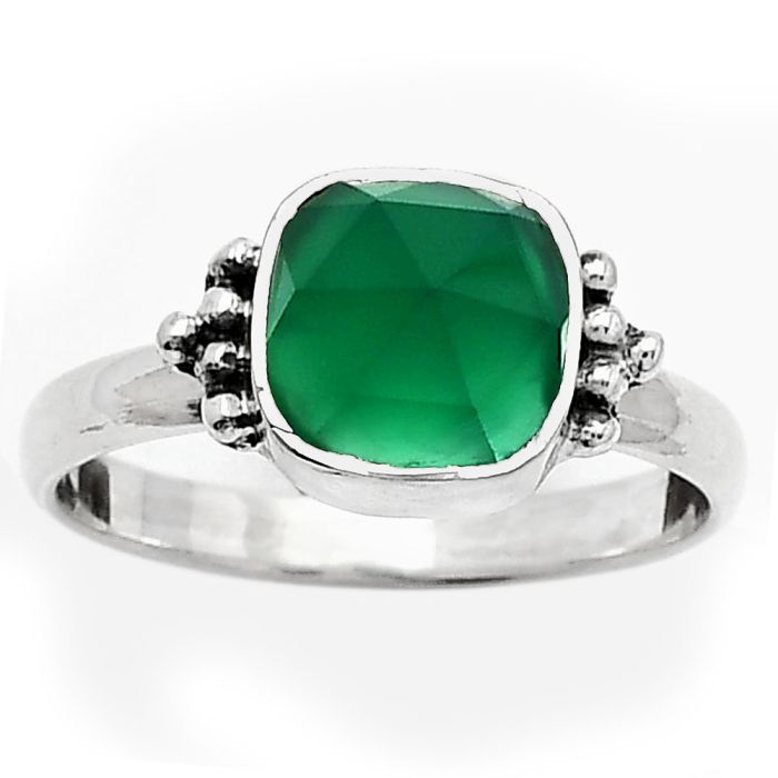 Faceted Natural Green Onyx Ring size-8 SDR162141 R-1091, 8x8 mm