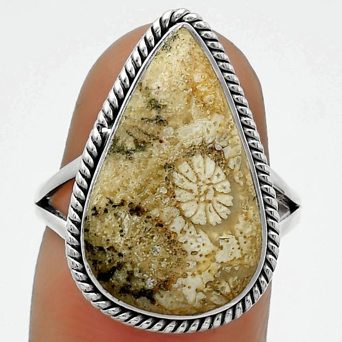 Natural Flower Fossil Coral Ring size-7.5 SDR165742 R-1010, 12x20 mm