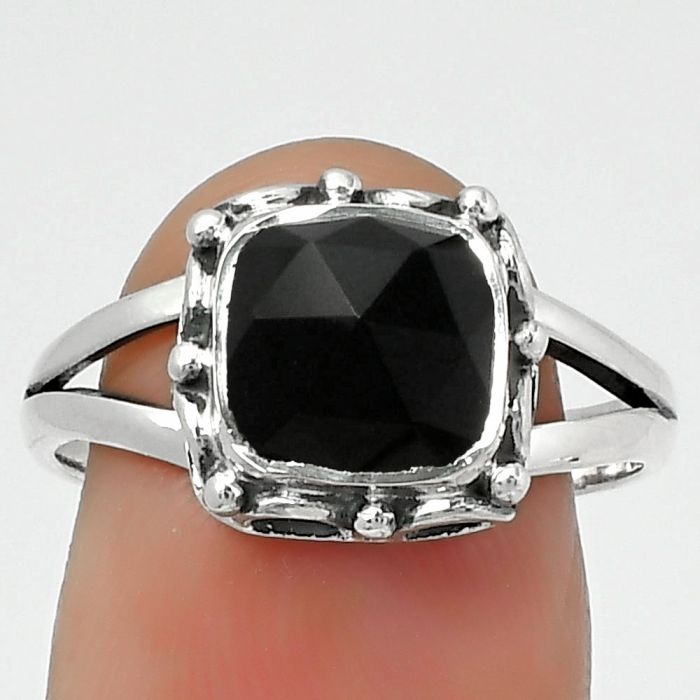 Faceted Natural Black Onyx - Brazil Ring size-8.5 SDR167397 R-1198, 8x8 mm