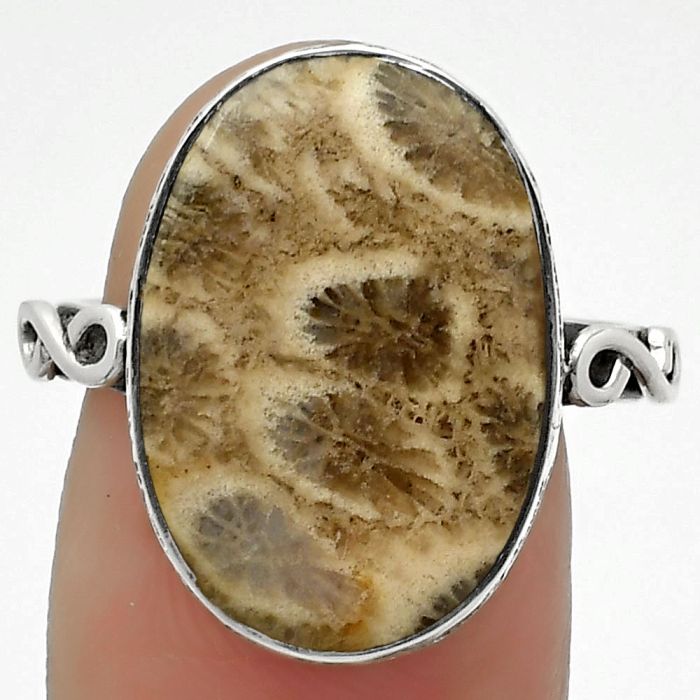 Natural Flower Fossil Coral Ring size-7 SDR168638 R-1191, 13x19 mm