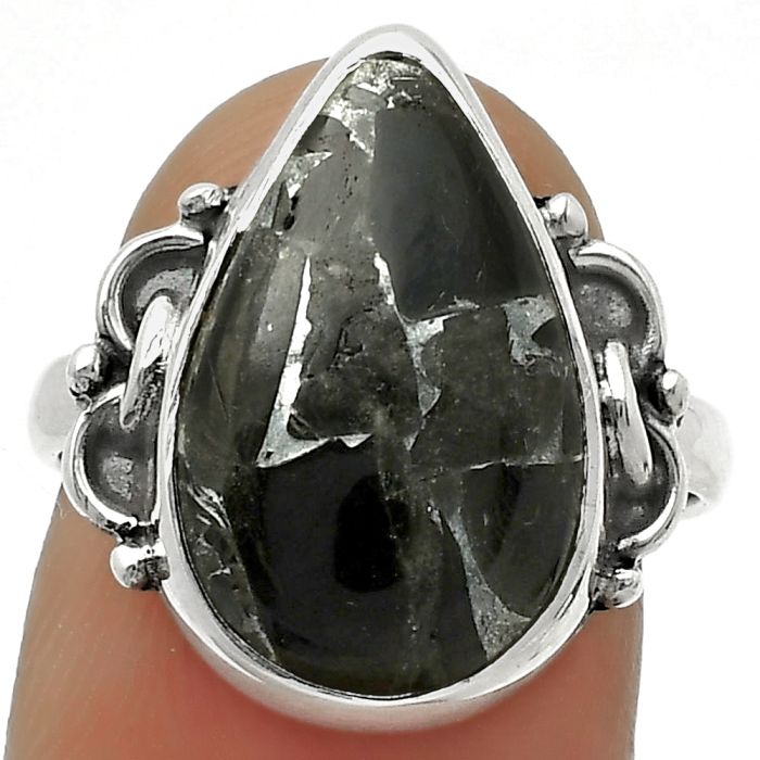 Natural Obsidian And Zinc Ring size-7.5 SDR169045 R-1105, 11x17 mm