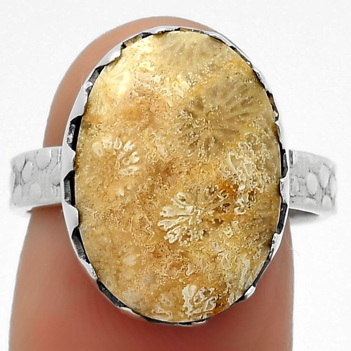 Natural Flower Fossil Coral Ring size-7.5 SDR170654 R-1210, 13x17 mm