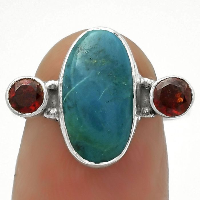 Natural Azurite Chrysocolla & Garnet Ring size-7 SDR172002 R-1112, 7x14 mm